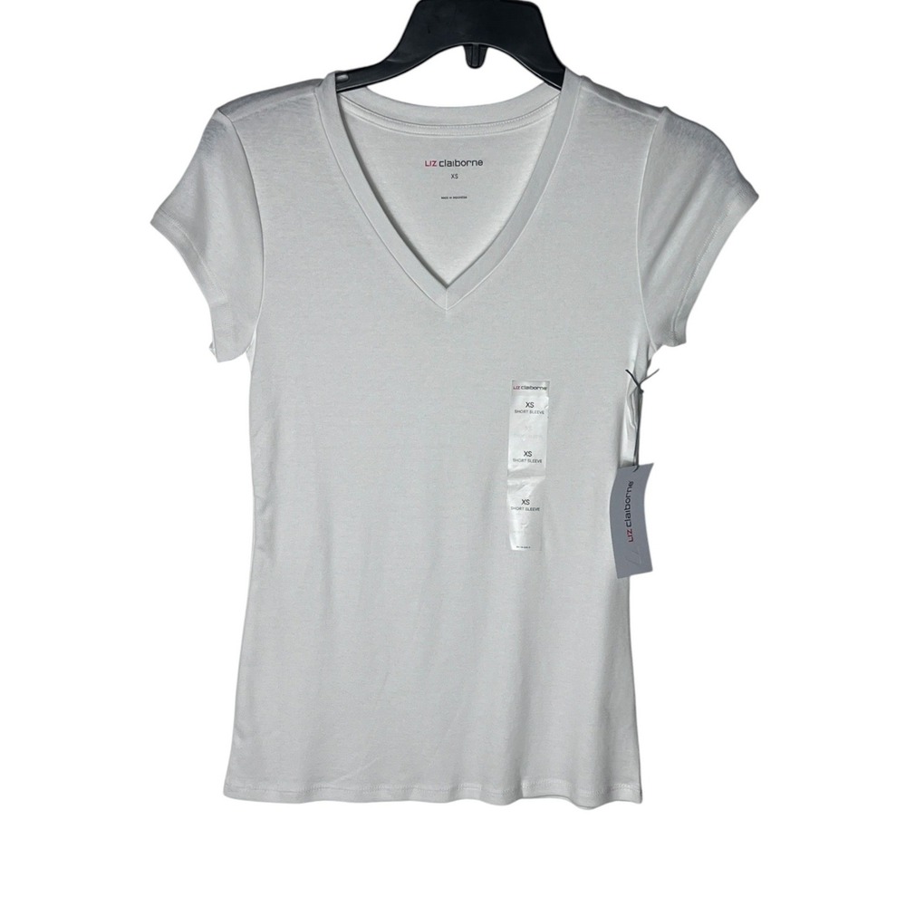 Liz Claiborne Womens White V-Neck Short Sleeve 100% Cotton T-Shirt XS‎ NWT